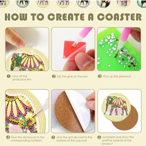 8 Pcs Elephant Diamond Art Coasters Kits with Holder - Picture 3 of 6